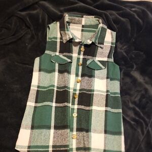 Green Plaid Sleeveless Kids Shirt